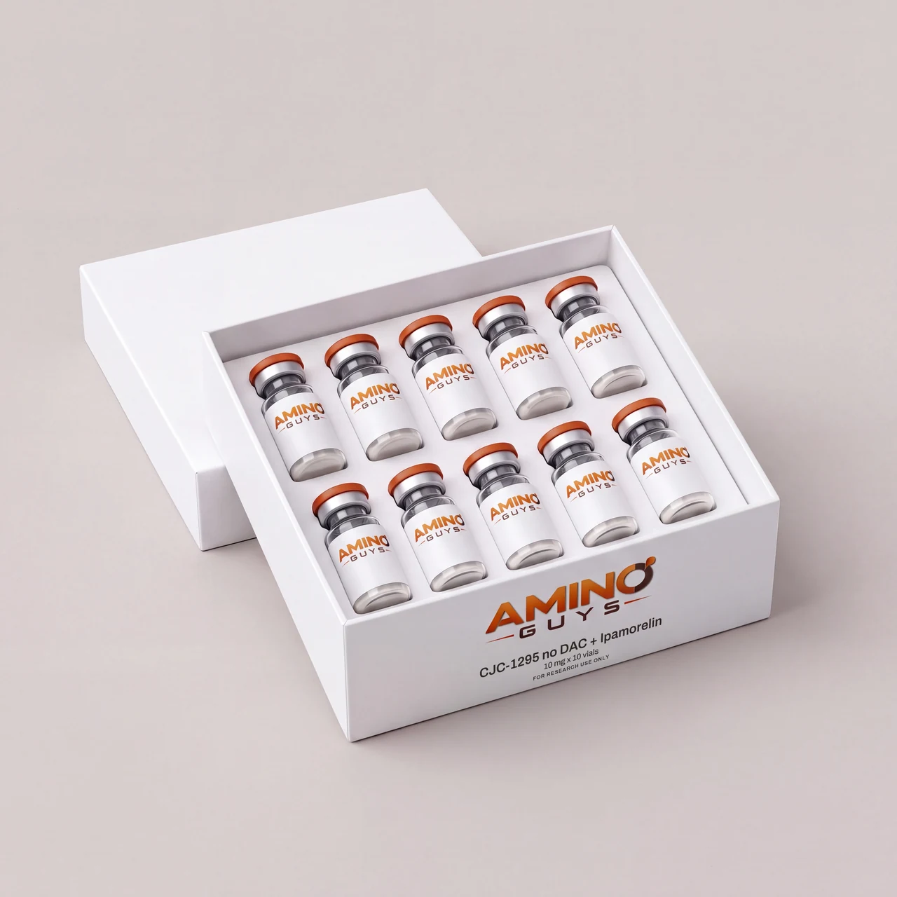 Amino Guys CJC-1295 no DAC + Ipamorelin 10 mg kit: 10 labeled glass vials in a white box