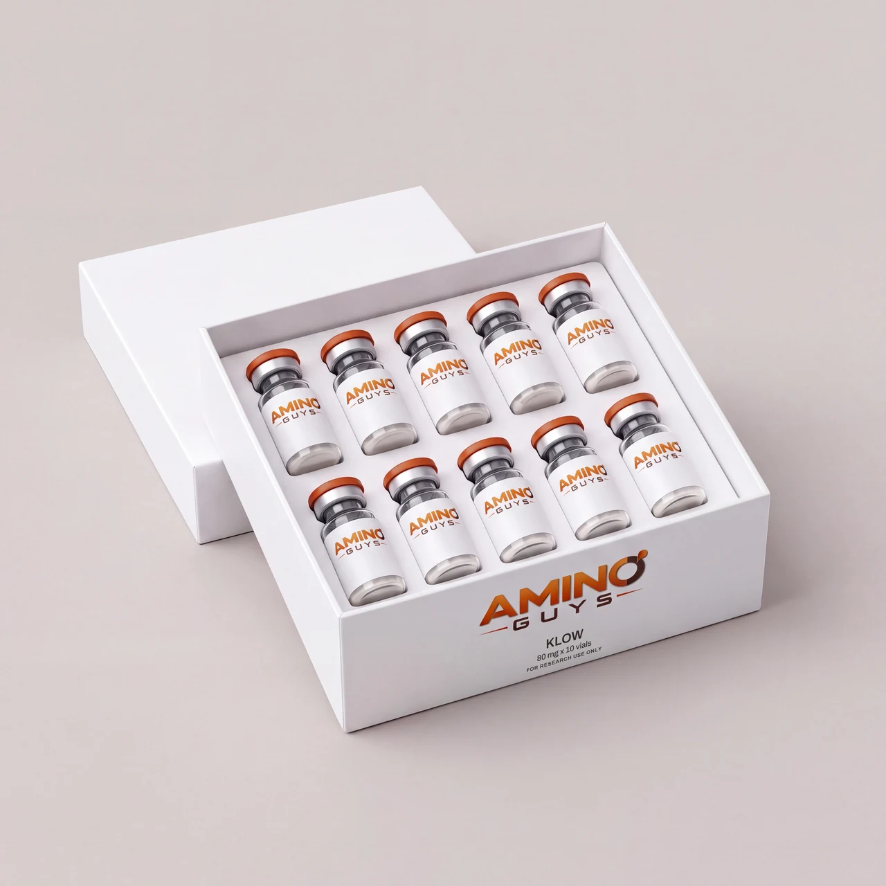 Amino Guys KLOW 80 mg kit: 10 labeled glass vials in a white box